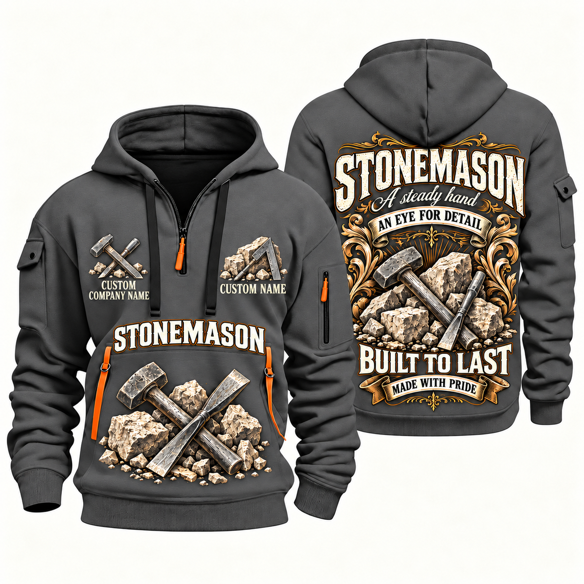 Stonemason Steady Hands Quarter Zip Hoodie Gray front and back