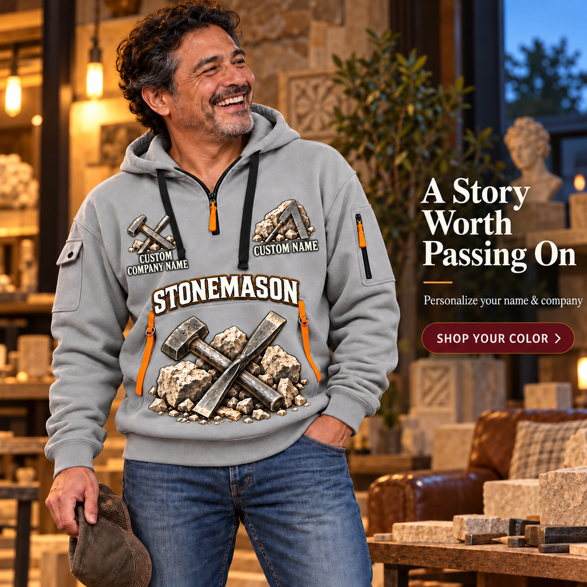 Stonemason Steady Hands Quarter Zip Hoodie Light Grey listing hero