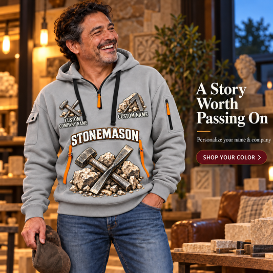 Stonemason Steady Hands Quarter Zip Hoodie Light Grey listing hero