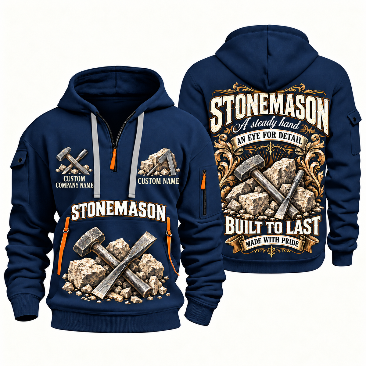 Stonemason Steady Hands Quarter Zip Hoodie Navy front and back