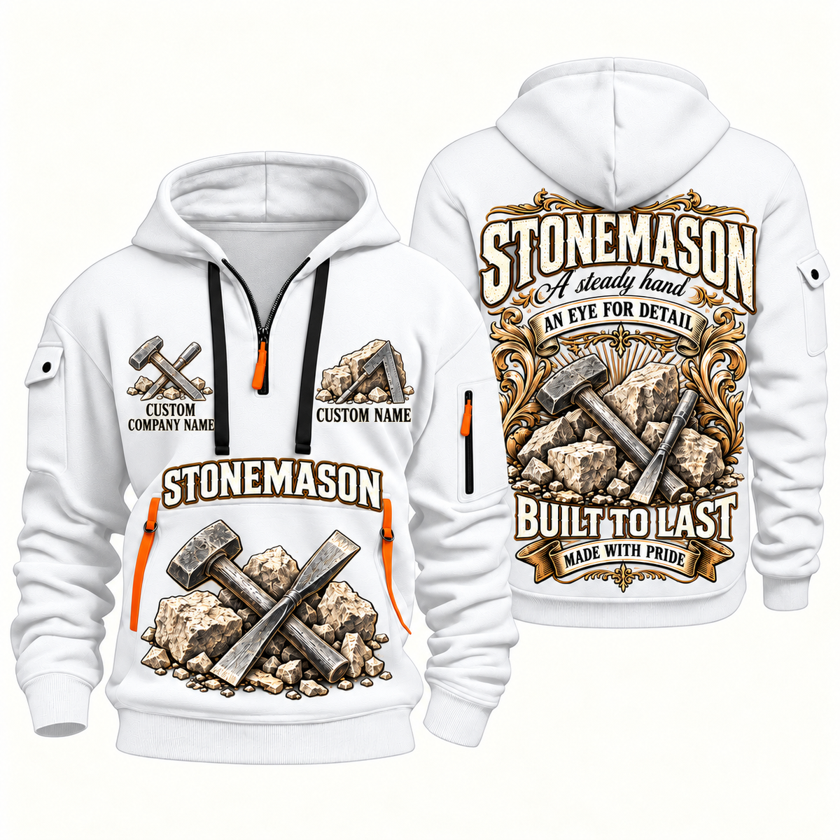 Stonemason Steady Hands Quarter Zip Hoodie White front and back