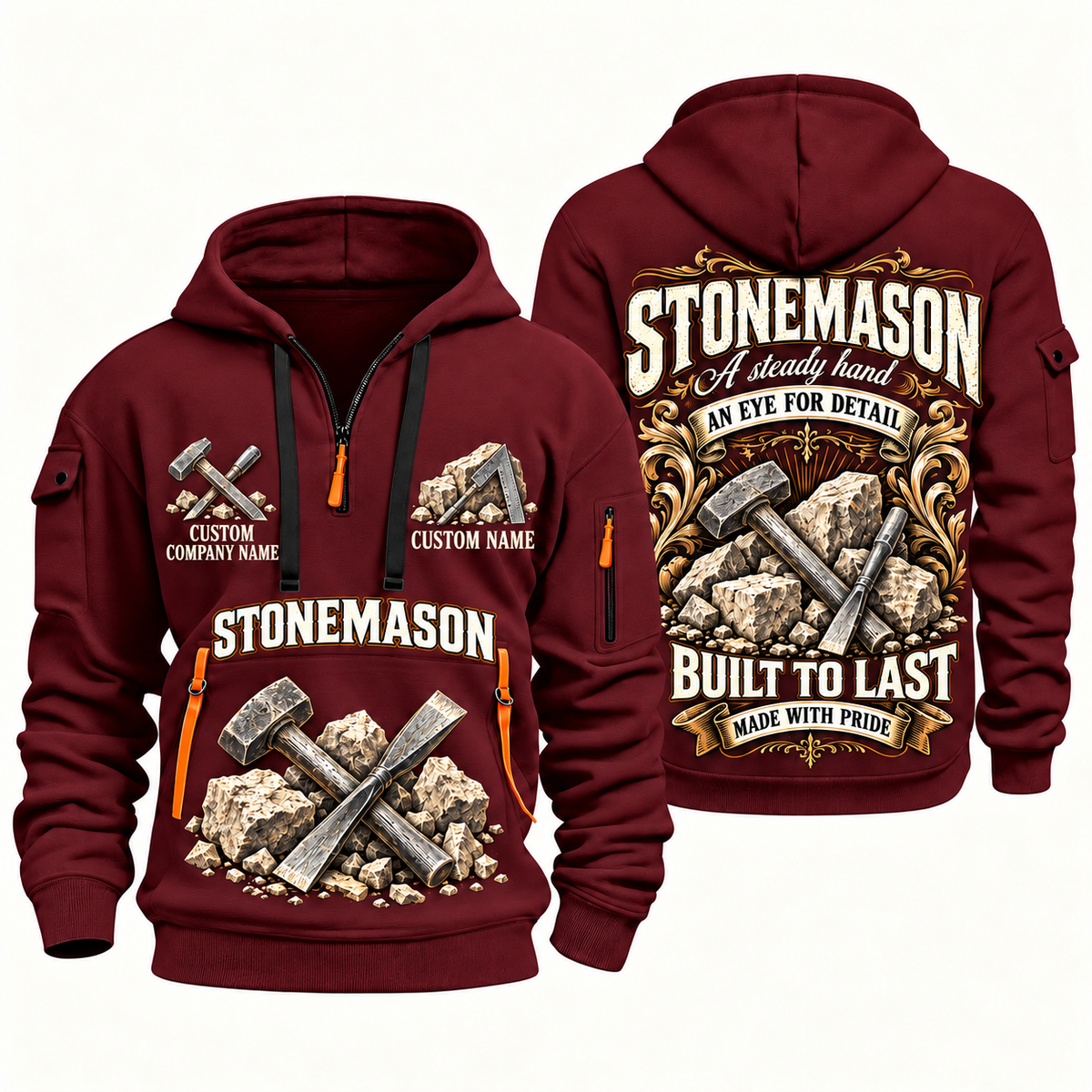 Stonemason Steady Hands Quarter Zip Hoodie Wine Red front and back