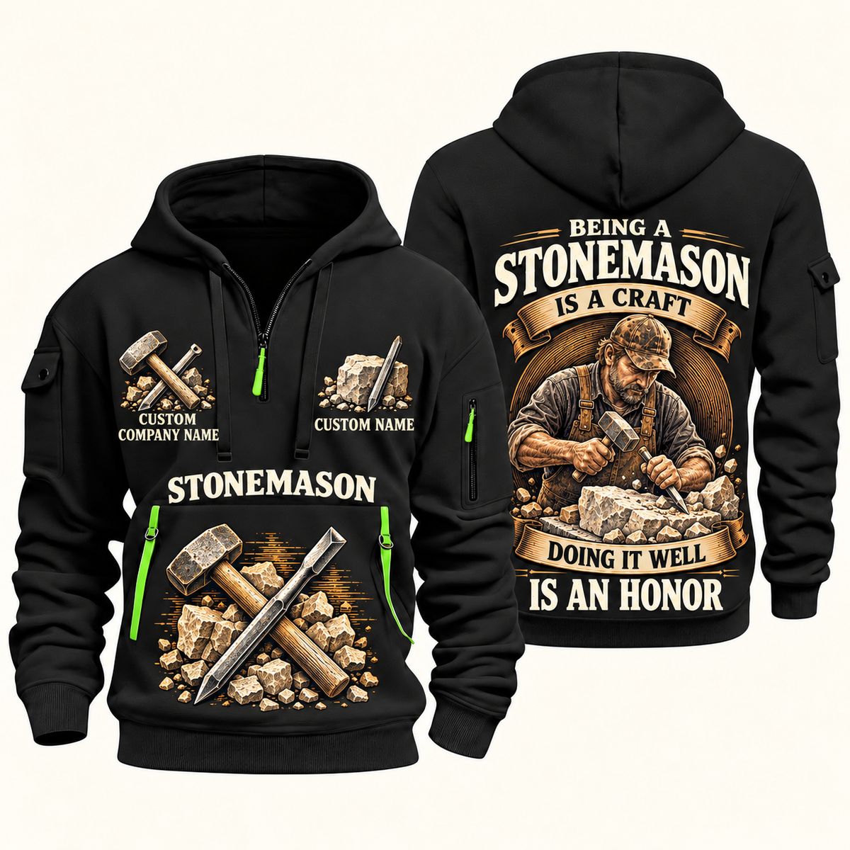 Stonemason Craft and Honor Quarter Zip Hoodie Black front and back