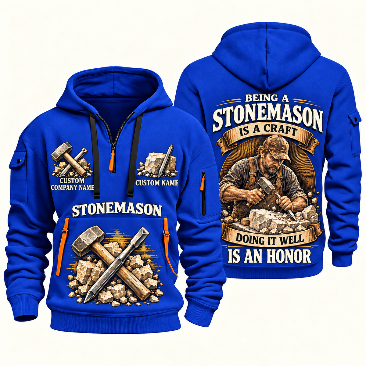 Stonemason Craft and Honor Quarter Zip Hoodie Blue front and back