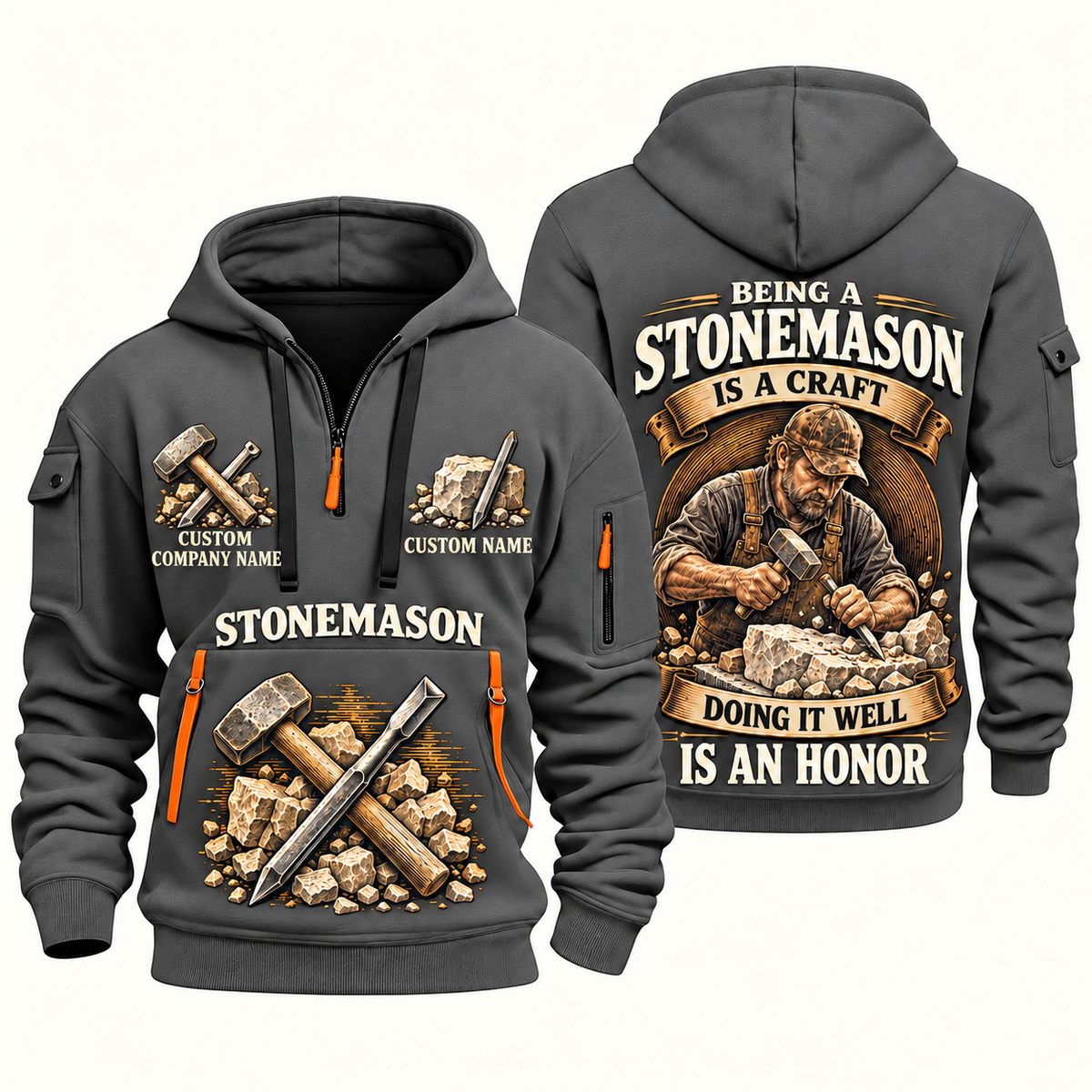 Stonemason Craft and Honor Quarter Zip Hoodie Gray front and back