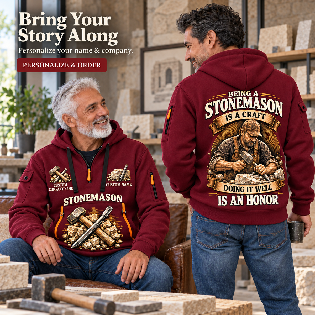 Stonemason Craft and Honor Quarter Zip Hoodie Wine Red listing hero