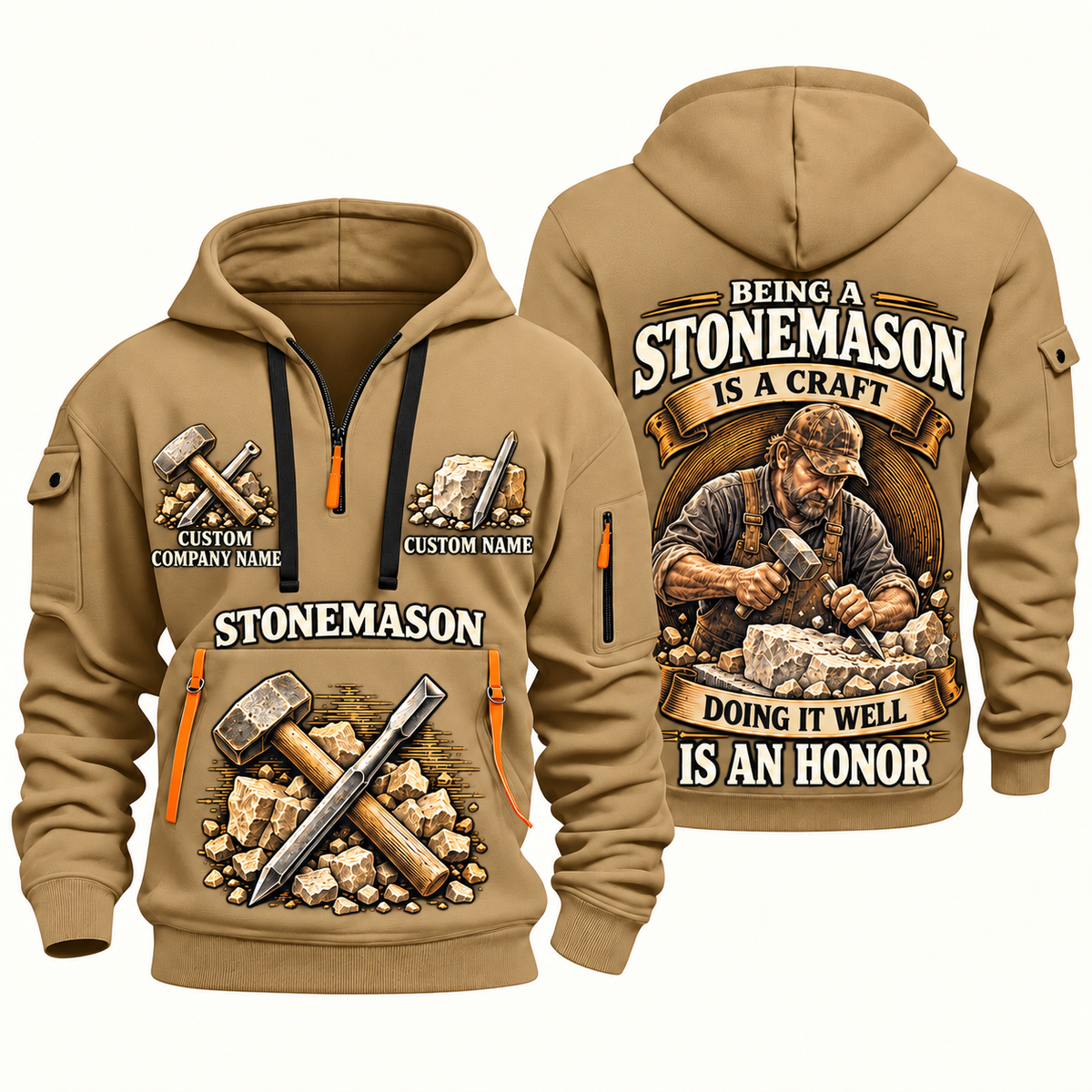 Stonemason Craft and Honor Quarter Zip Hoodie Khaki front and back