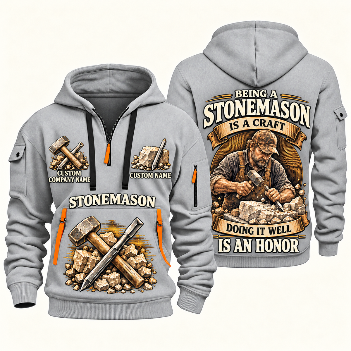 Stonemason Craft and Honor Quarter Zip Hoodie Light Grey front and back
