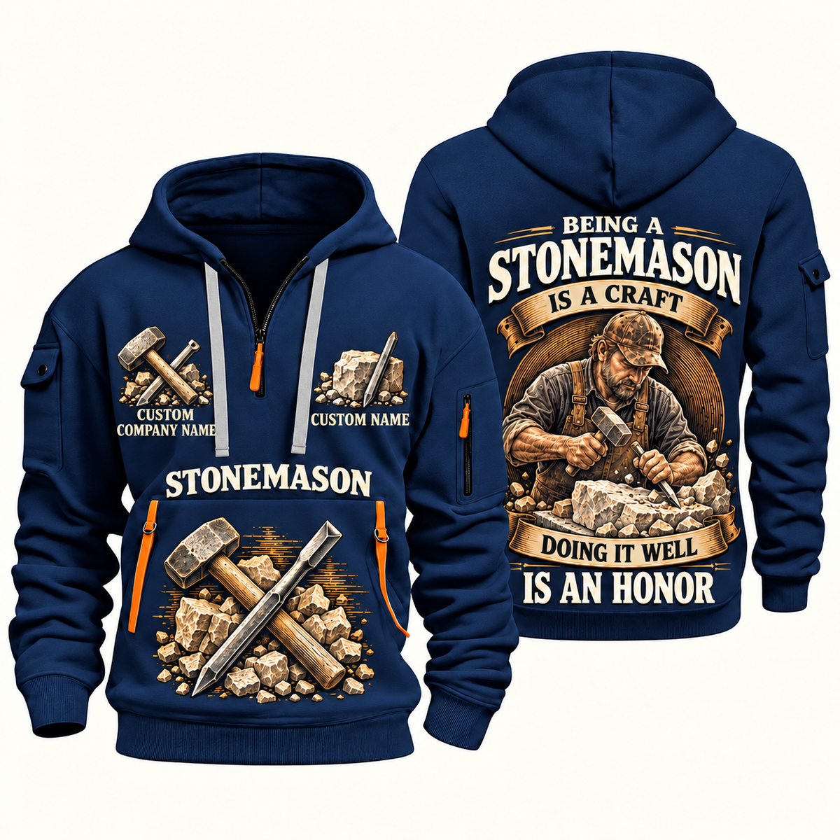 Stonemason Craft and Honor Quarter Zip Hoodie Navy front and back