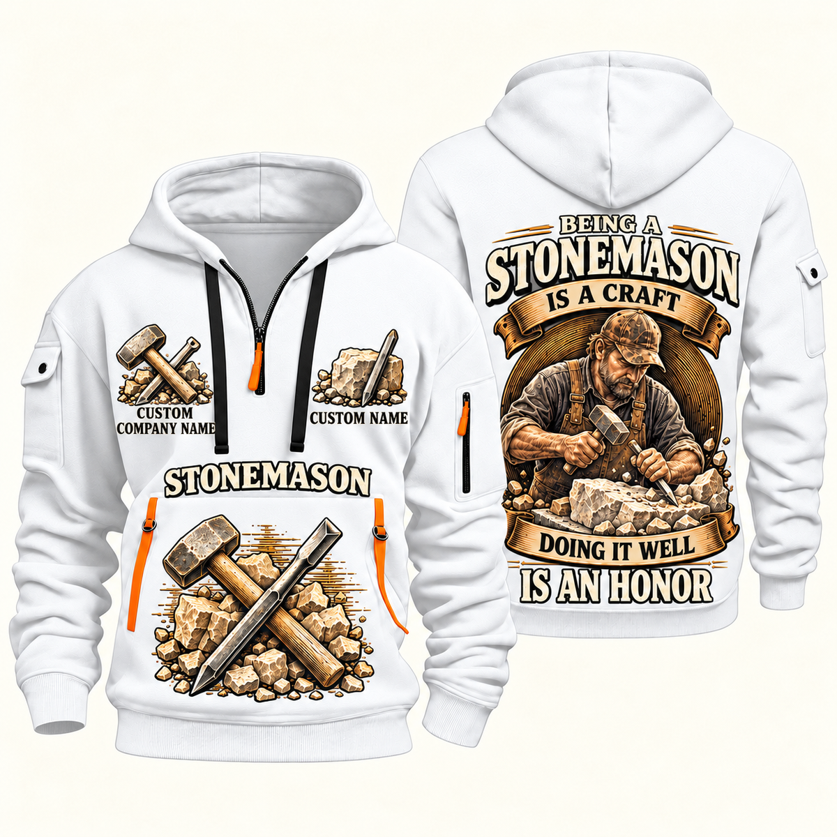 Stonemason Craft and Honor Quarter Zip Hoodie White front and back