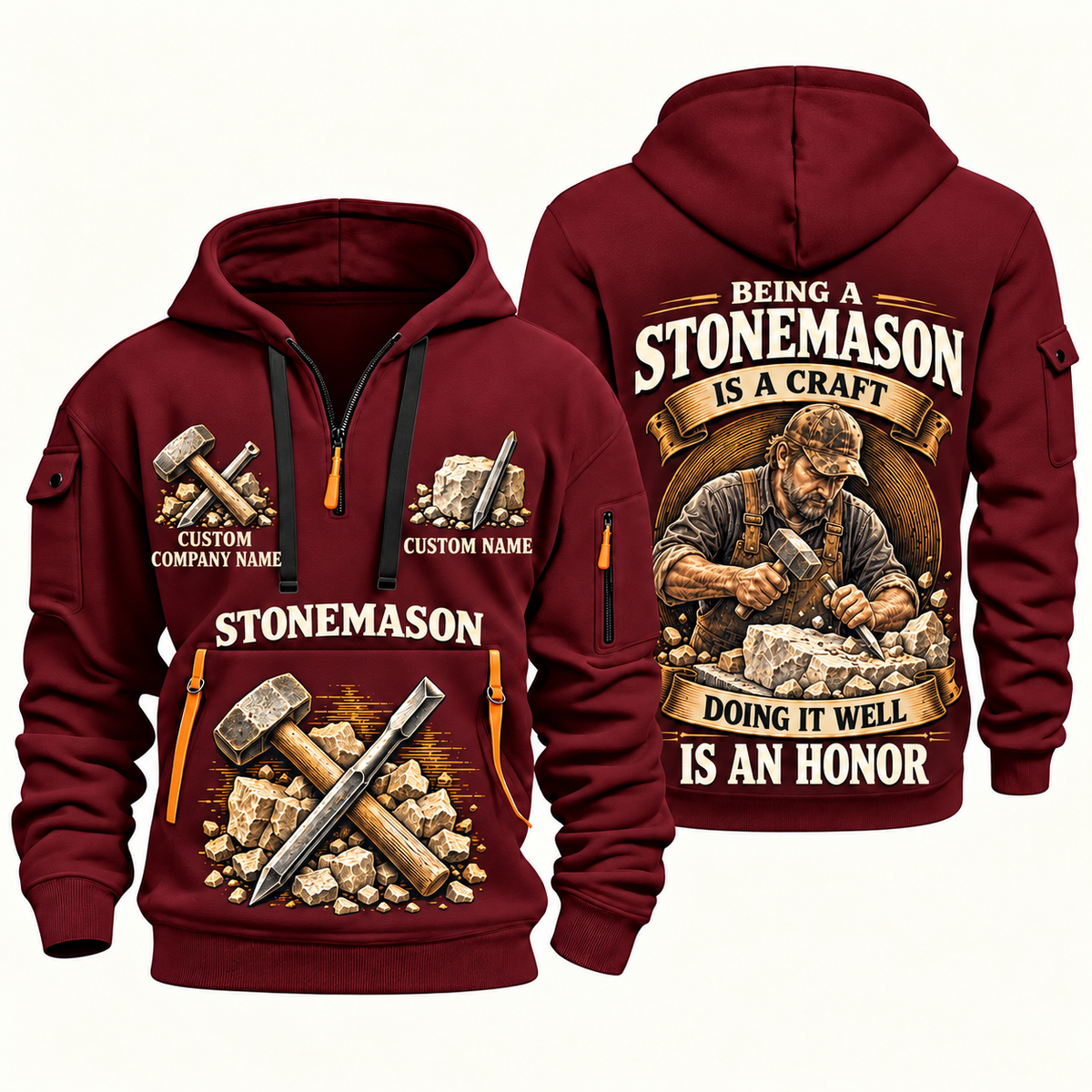 Stonemason Craft and Honor Quarter Zip Hoodie Wine Red front and back