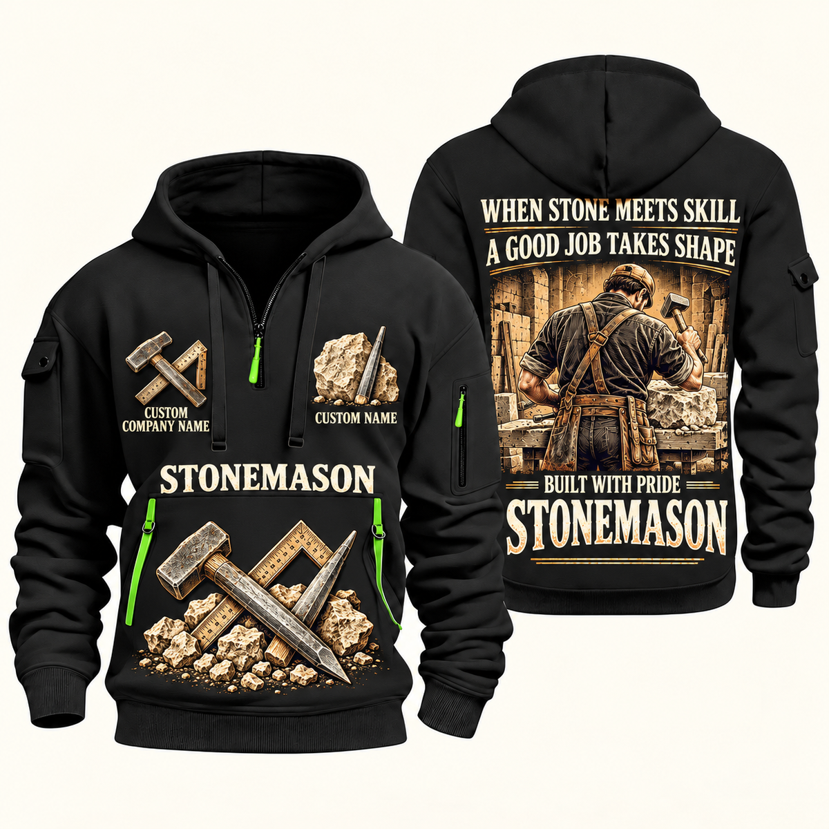 Stonemason Built with Pride Quarter Zip Hoodie Black front and back