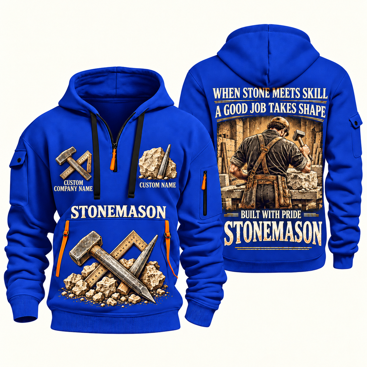 Stonemason Built with Pride Quarter Zip Hoodie Blue front and back