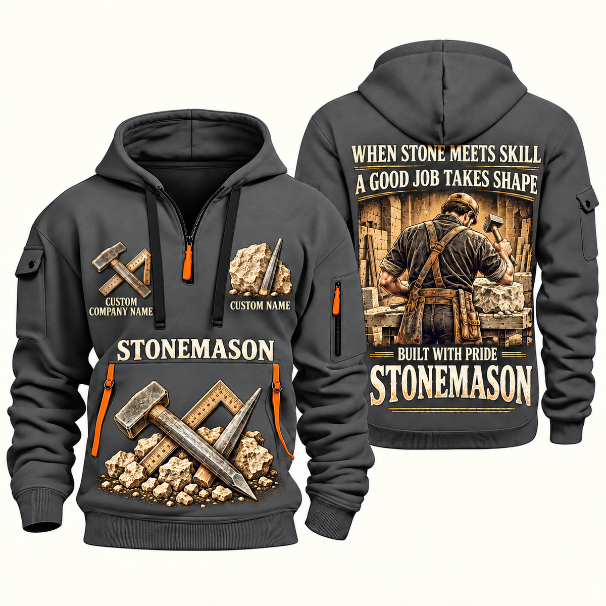 Stonemason Built with Pride Quarter Zip Hoodie Gray front and back