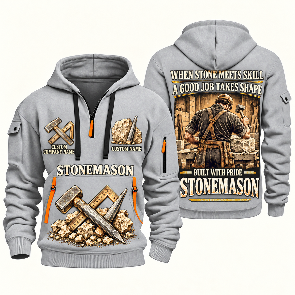 Stonemason Built with Pride Quarter Zip Hoodie Light Grey front and back