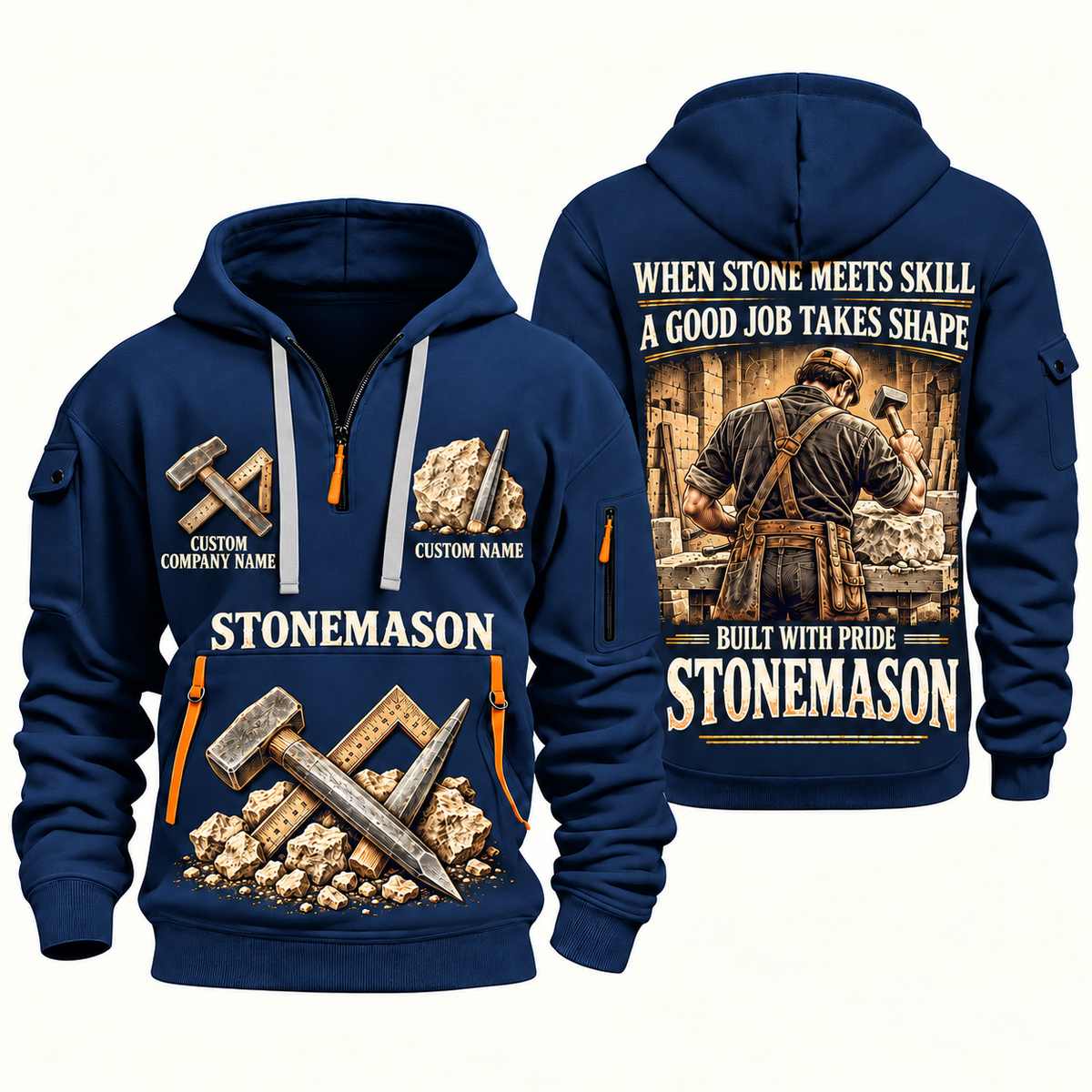Stonemason Built with Pride Quarter Zip Hoodie Navy front and back
