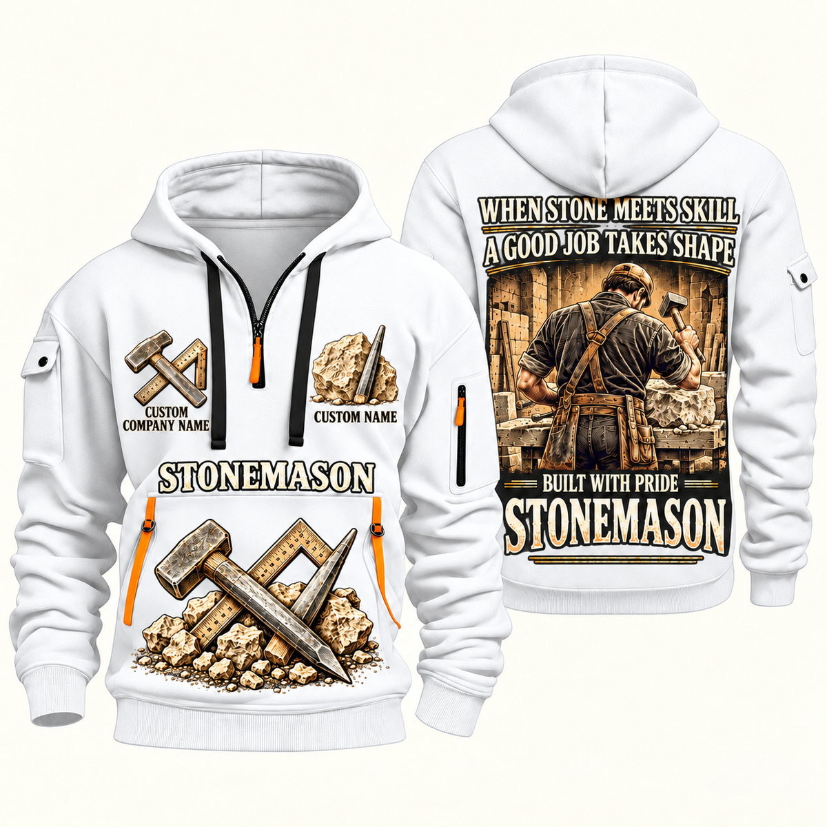 Stonemason Built with Pride Quarter Zip Hoodie White front and back