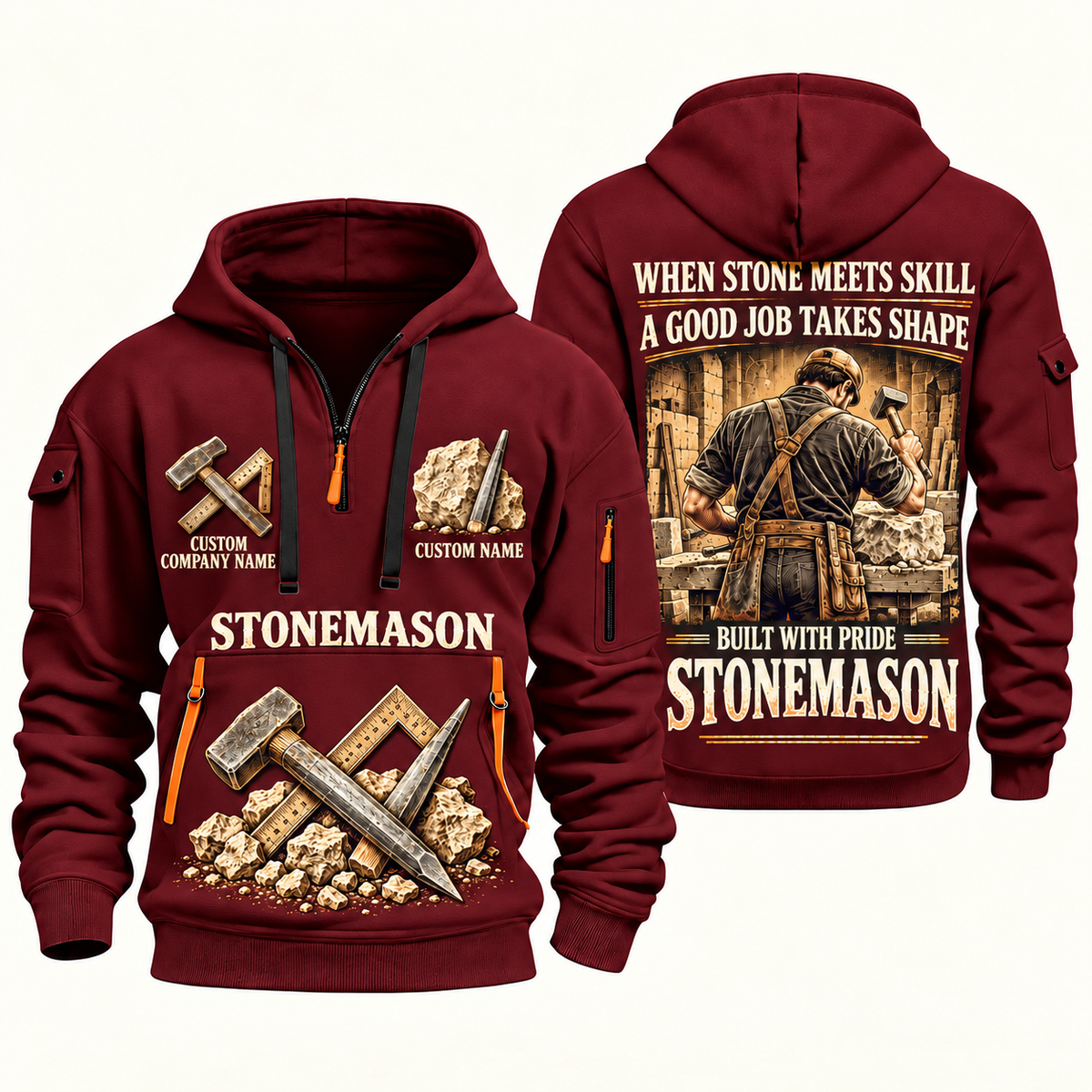 Stonemason Built with Pride Quarter Zip Hoodie Wine Red front and back