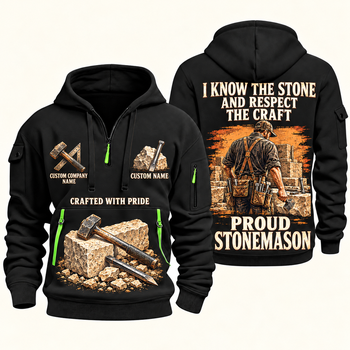 Stonemason Respect the Craft Quarter Zip Hoodie Black front and back