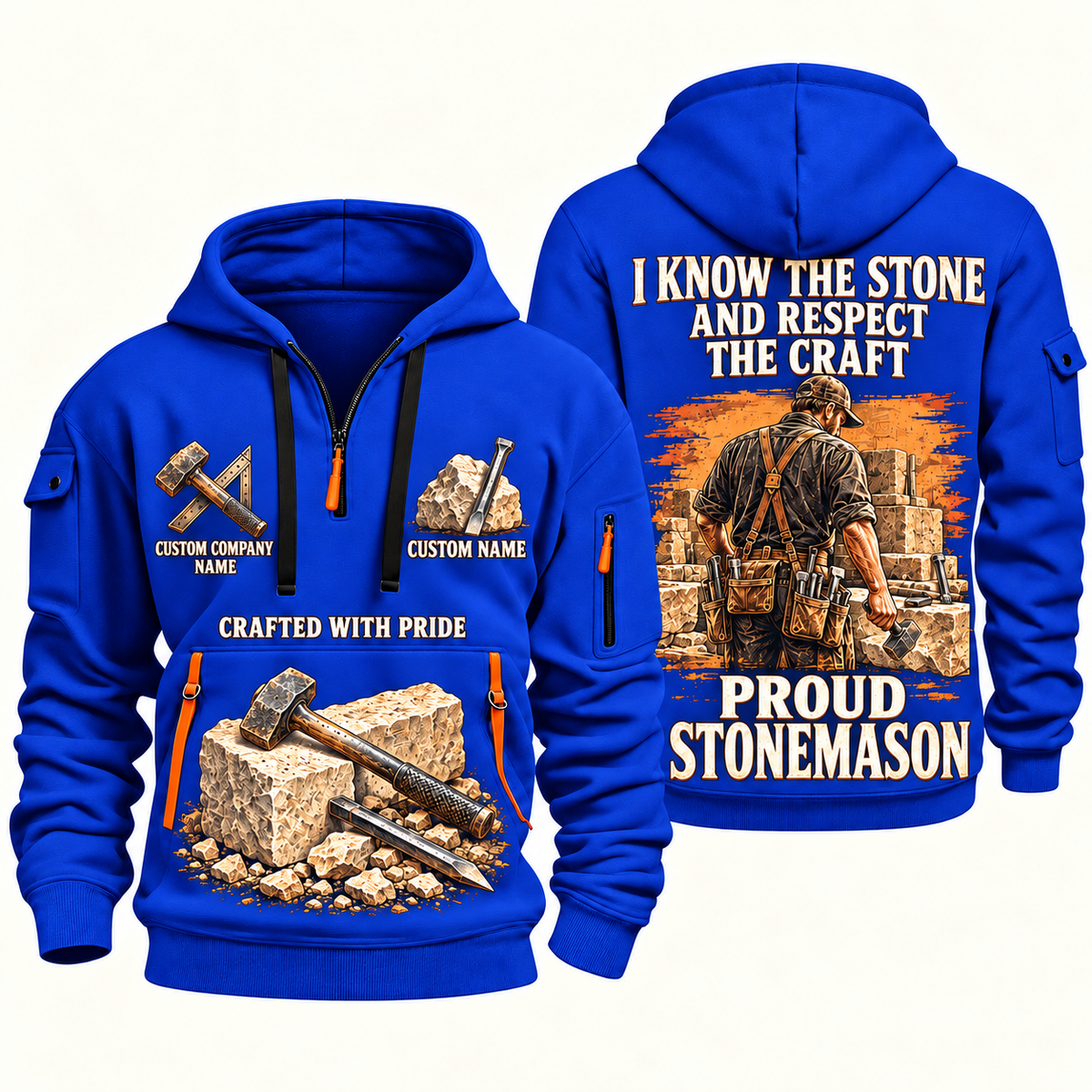 Stonemason Respect the Craft Quarter Zip Hoodie Blue front and back