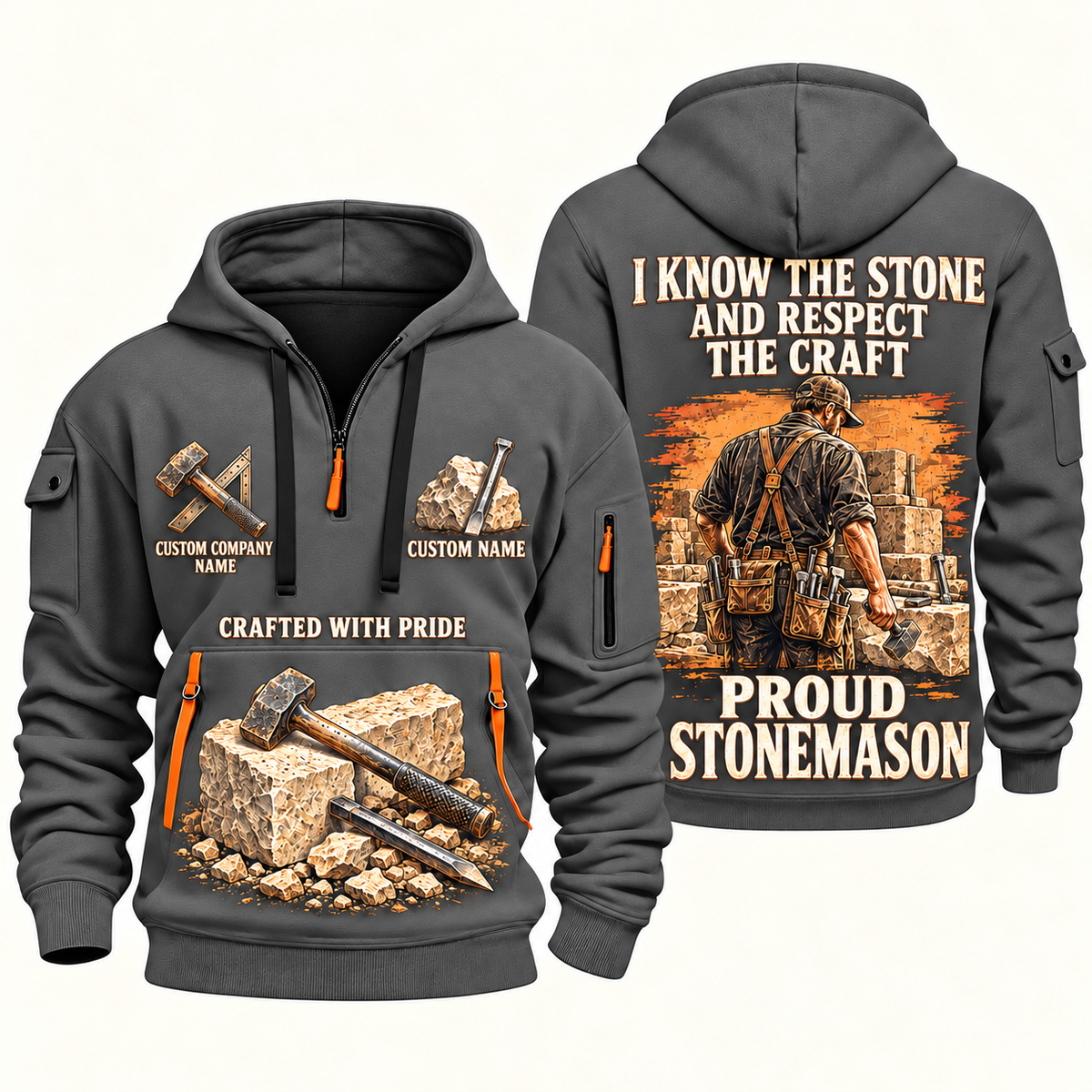 Stonemason Respect the Craft Quarter Zip Hoodie Gray front and back