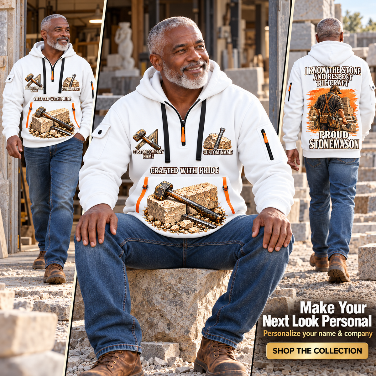 Stonemason Respect the Craft Quarter Zip Hoodie White listing hero