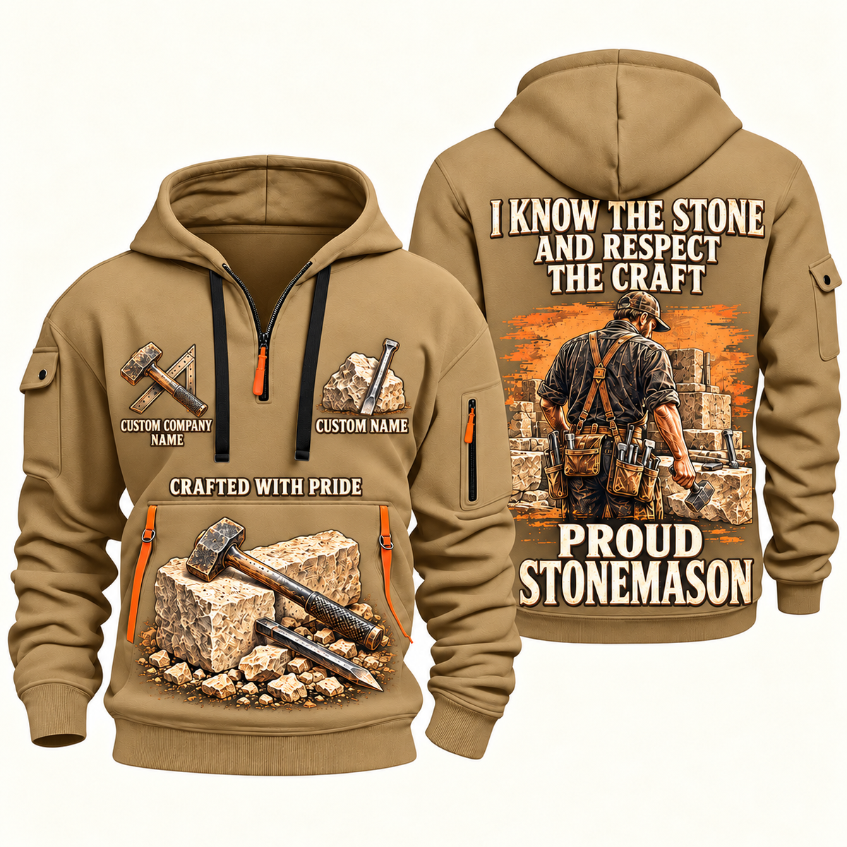 Stonemason Respect the Craft Quarter Zip Hoodie Khaki front and back