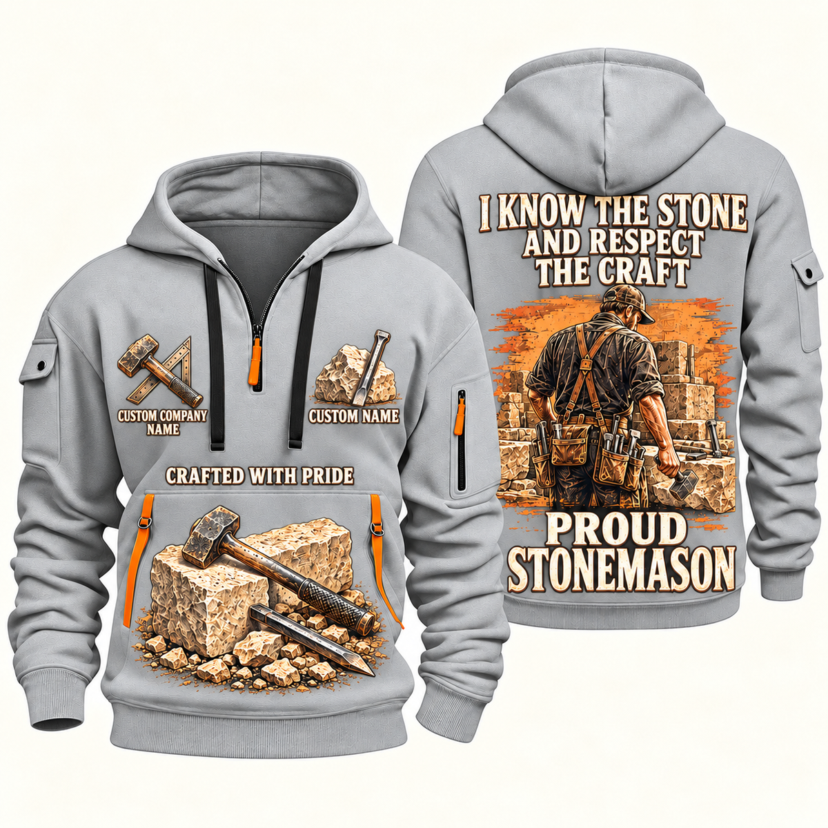 Stonemason Respect the Craft Quarter Zip Hoodie Light Grey front and back