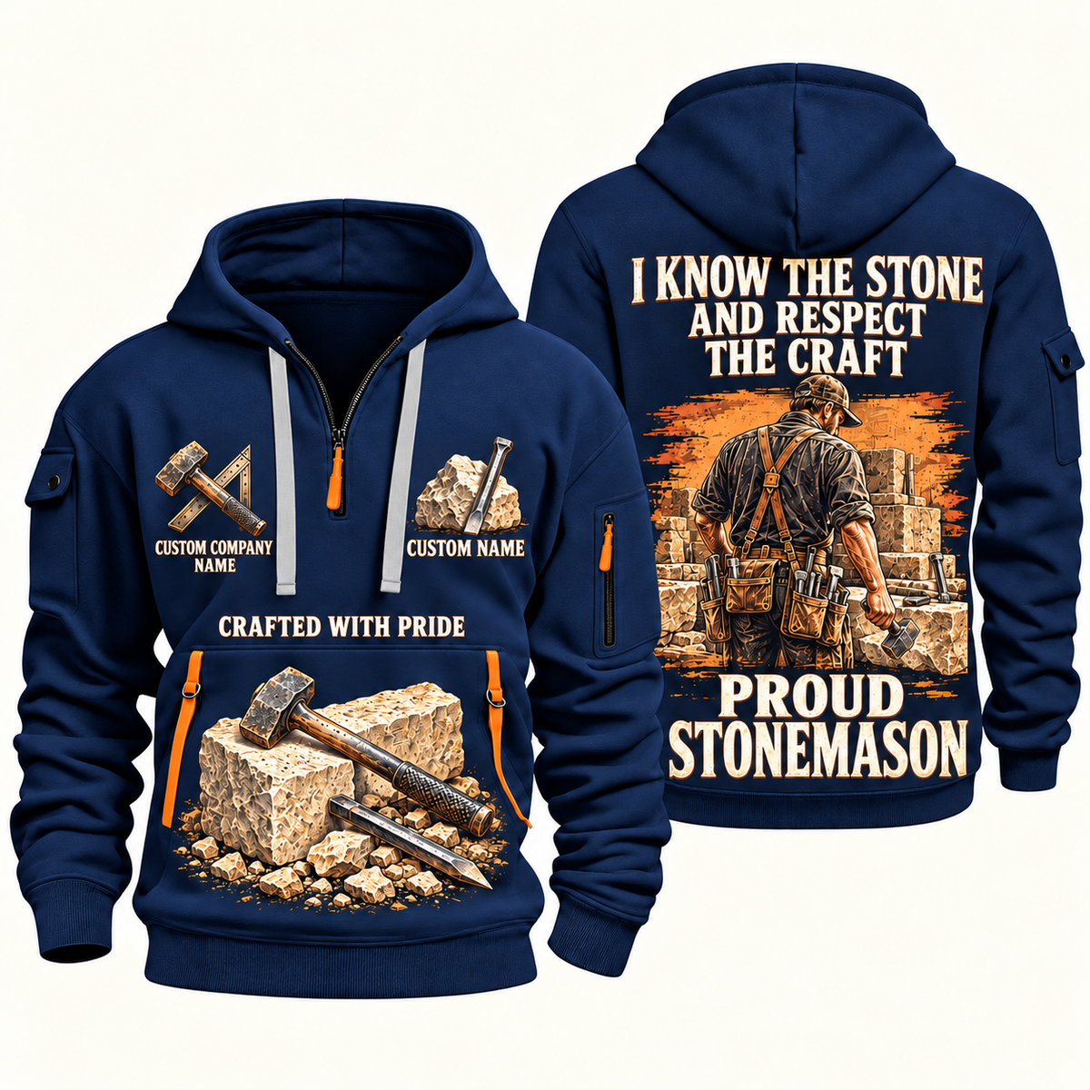 Stonemason Respect the Craft Quarter Zip Hoodie Navy front and back