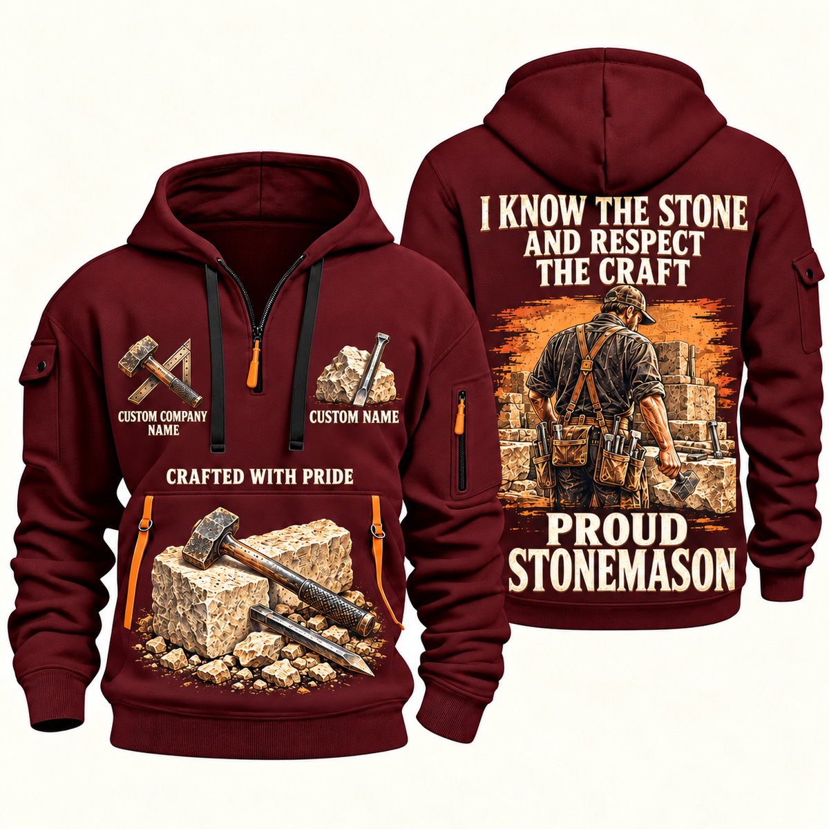 Stonemason Respect the Craft Quarter Zip Hoodie Wine Red front and back
