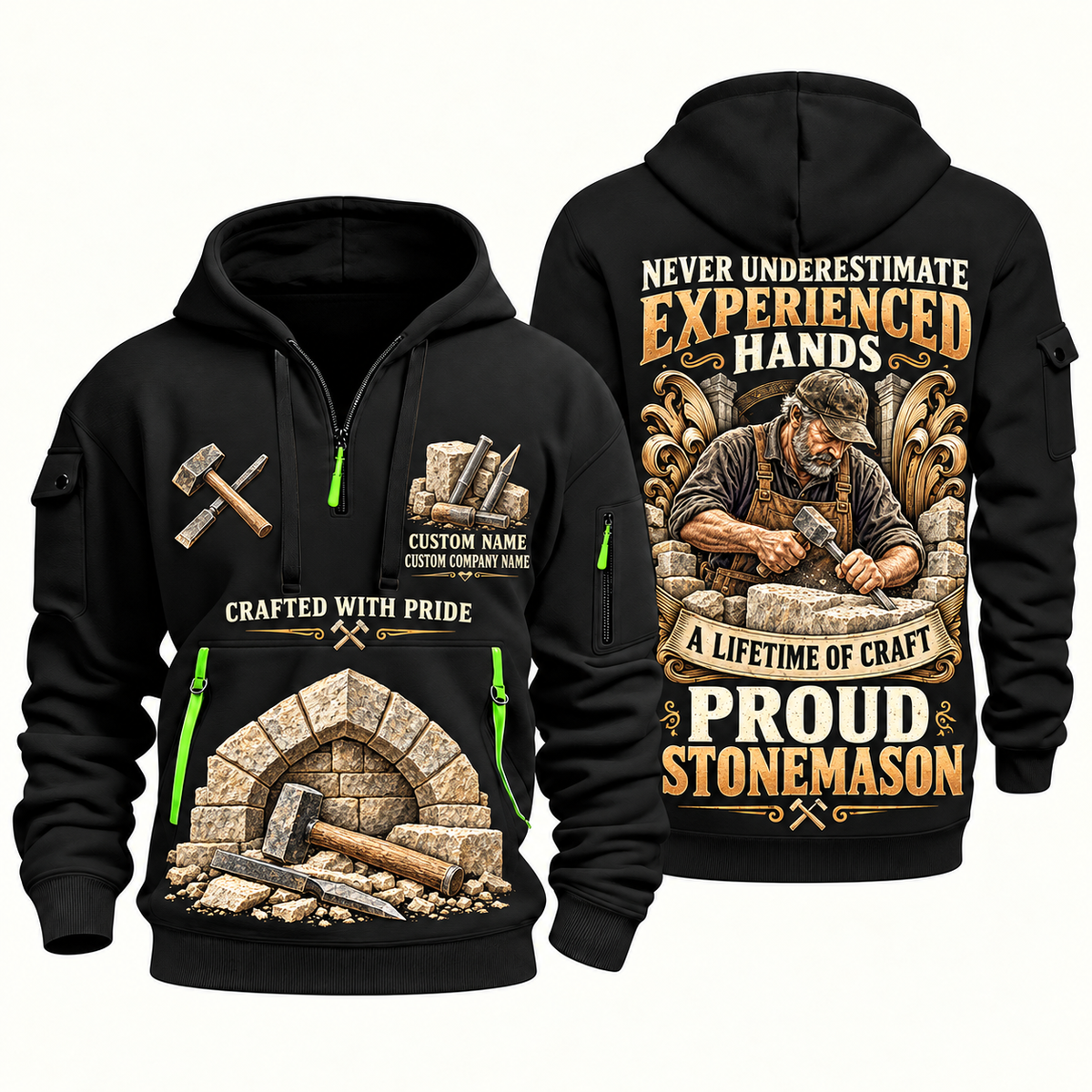 Stonemason Experienced Hands Quarter Zip Hoodie Black front and back