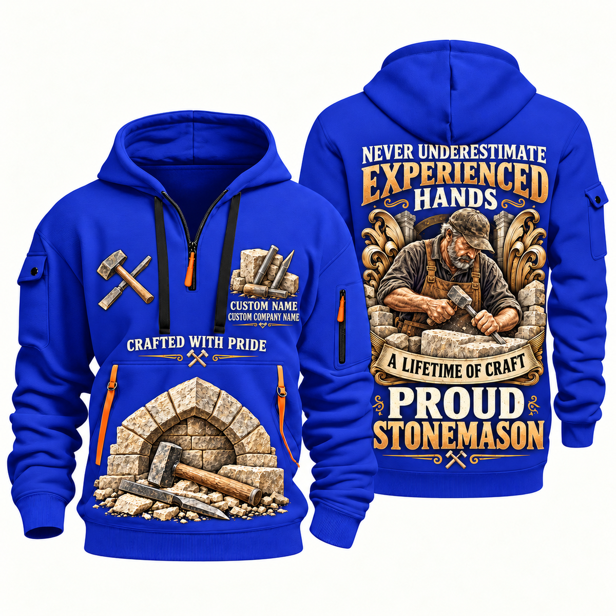 Stonemason Experienced Hands Quarter Zip Hoodie Blue front and back