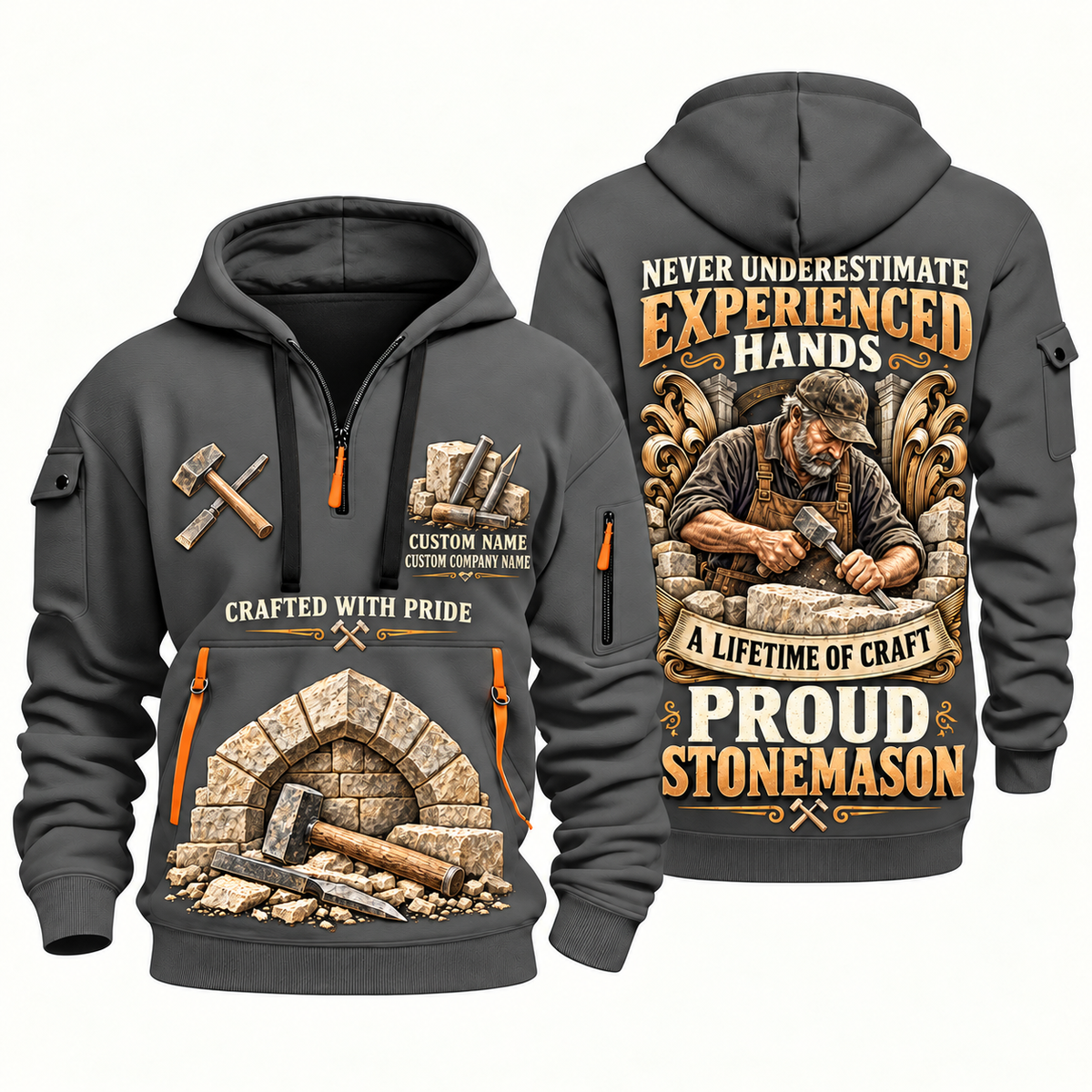 Stonemason Experienced Hands Quarter Zip Hoodie Gray front and back