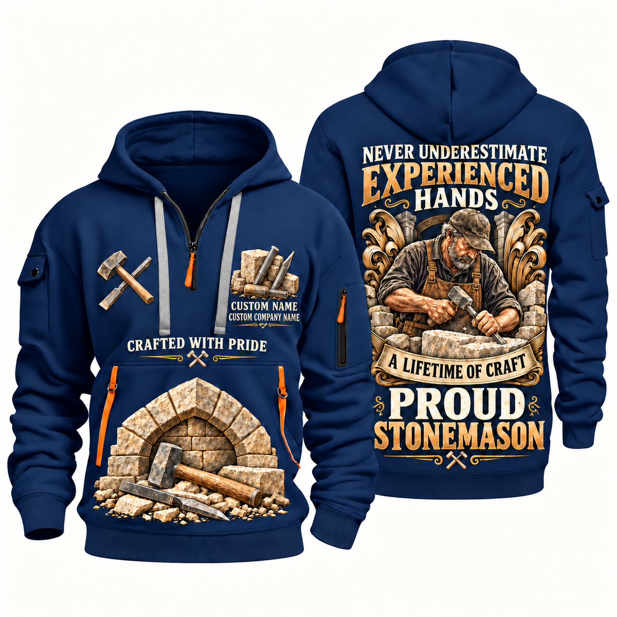 Stonemason Experienced Hands Quarter Zip Hoodie Navy front and back