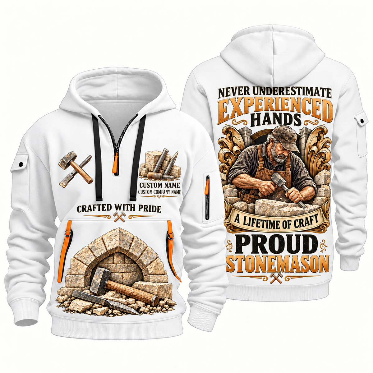 Stonemason Experienced Hands Quarter Zip Hoodie White front and back