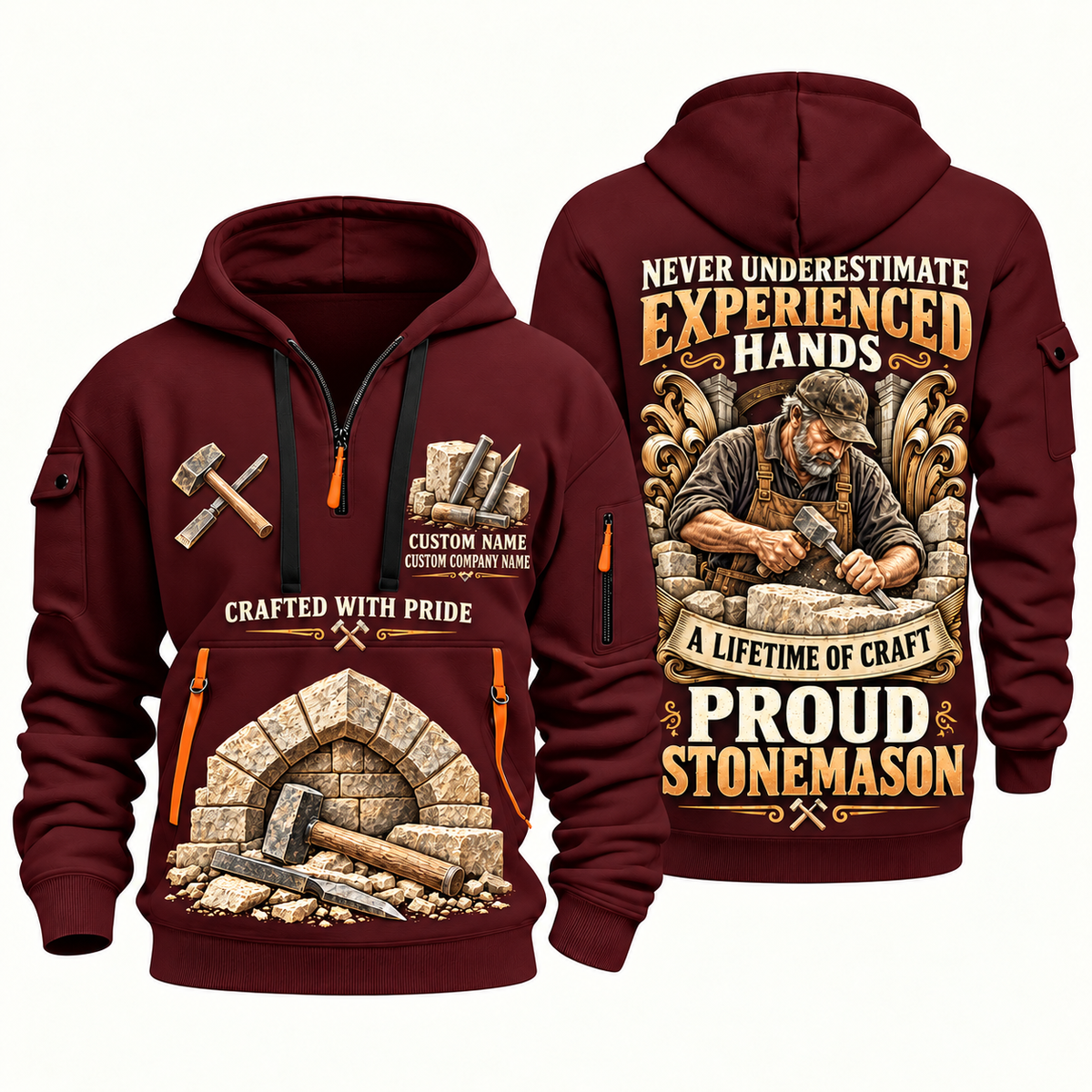 Stonemason Experienced Hands Quarter Zip Hoodie Wine Red front and back