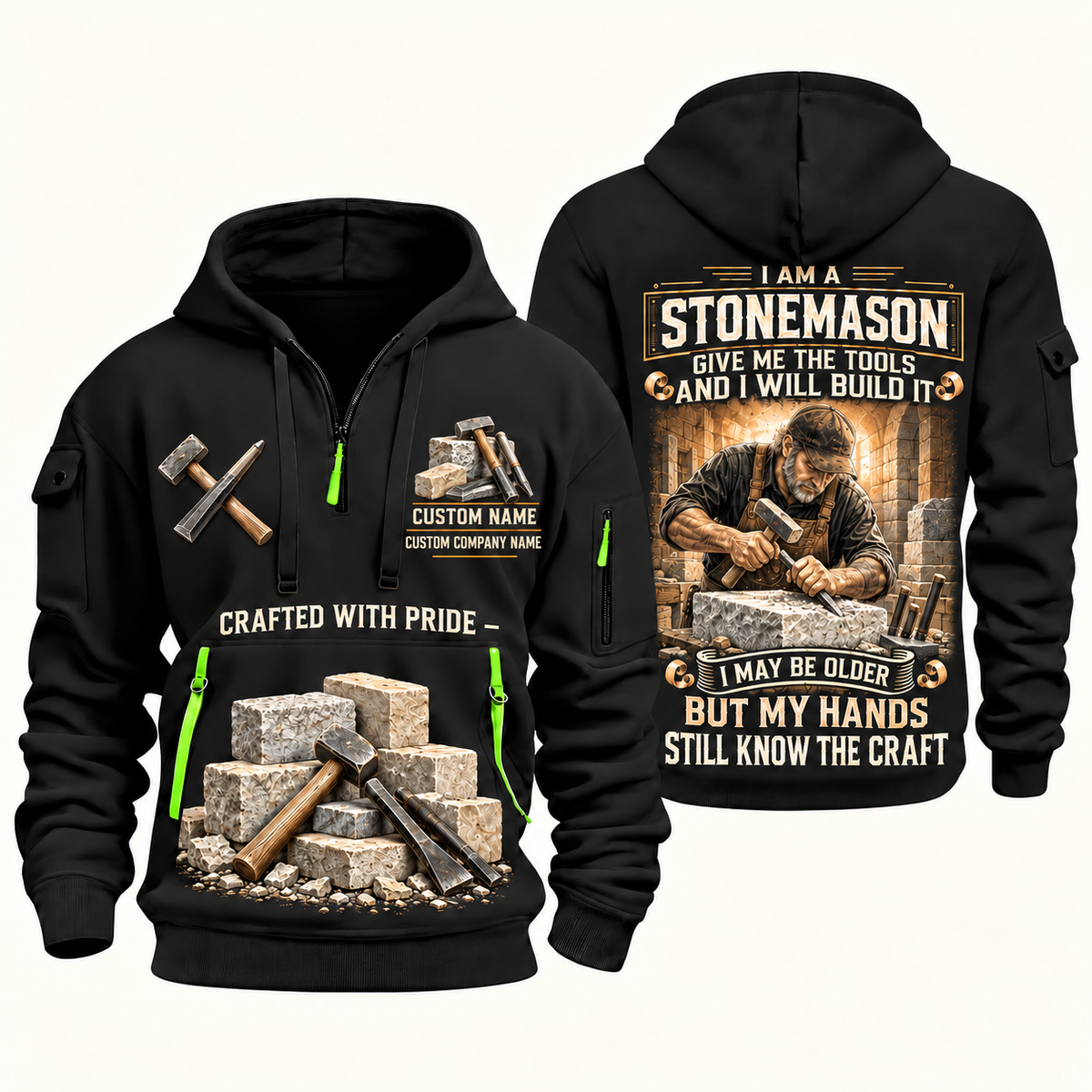 Stonemason Skills Remain Quarter Zip Hoodie Black front and back