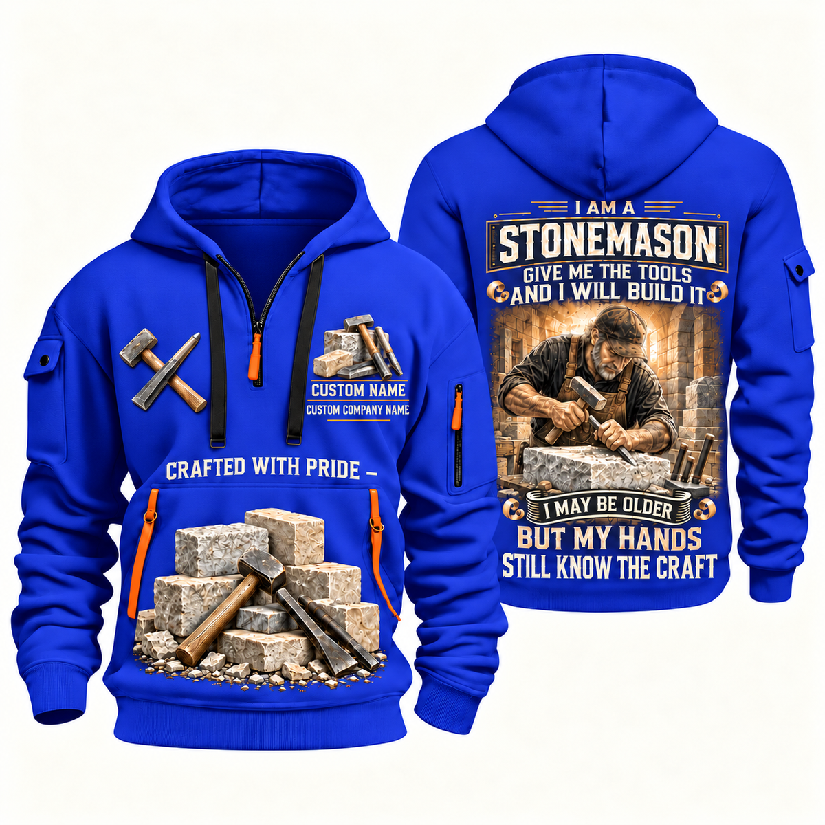 Stonemason Skills Remain Quarter Zip Hoodie Blue front and back