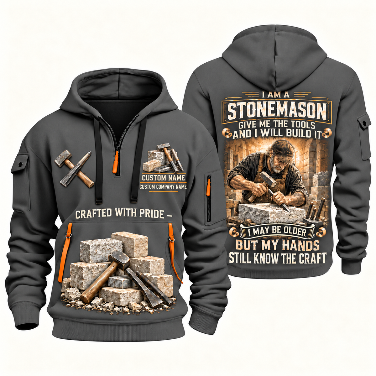 Stonemason Skills Remain Quarter Zip Hoodie Gray front and back
