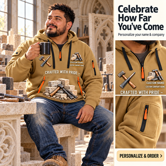 Stonemason Skills Remain Quarter Zip Hoodie Khaki listing hero