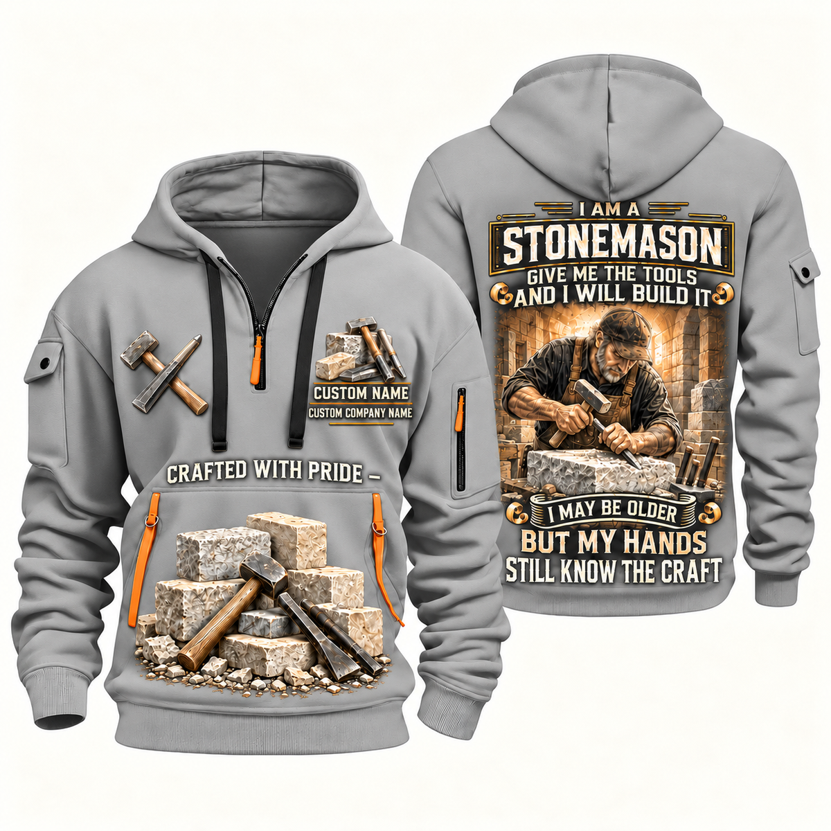 Stonemason Skills Remain Quarter Zip Hoodie Light Grey front and back