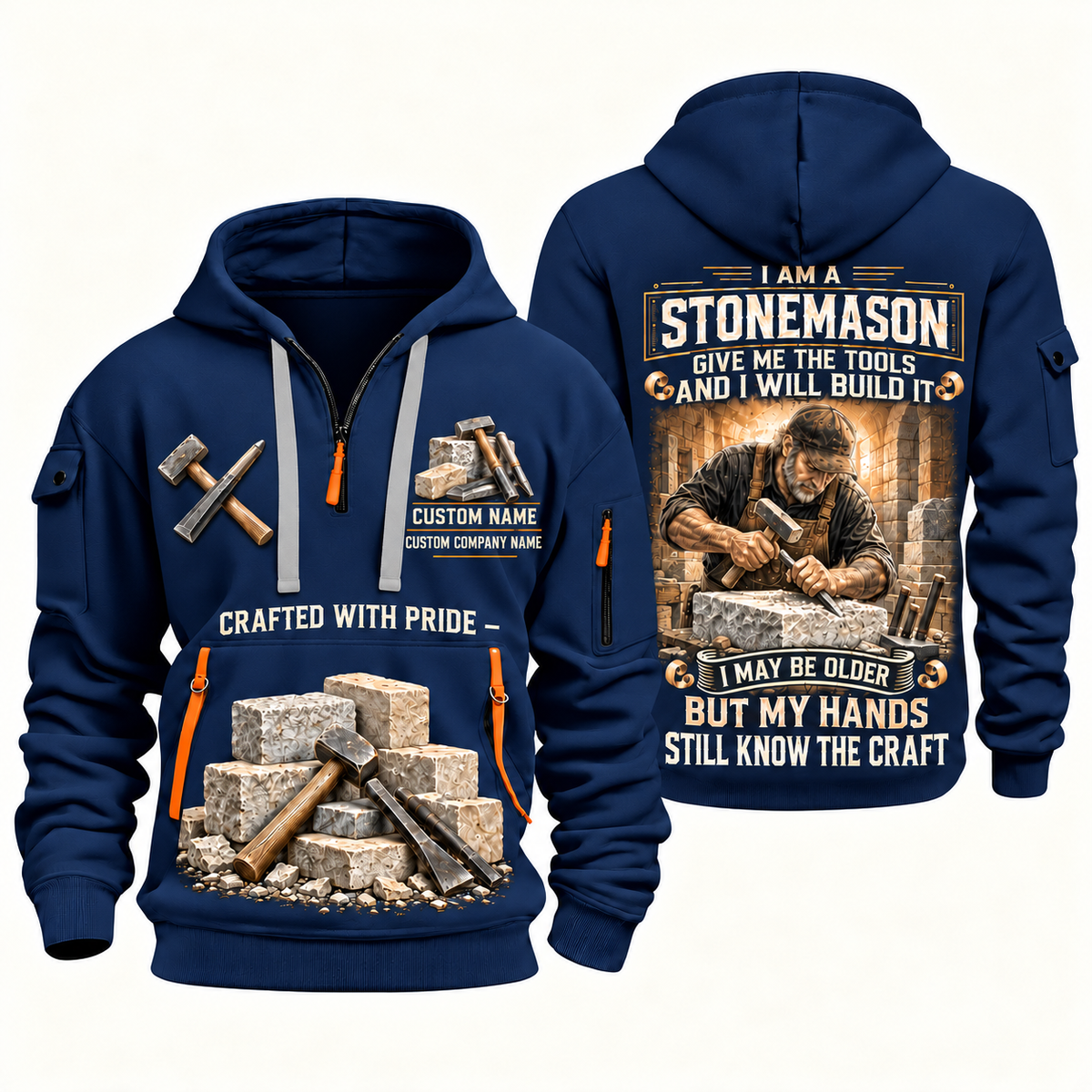 Stonemason Skills Remain Quarter Zip Hoodie Navy front and back