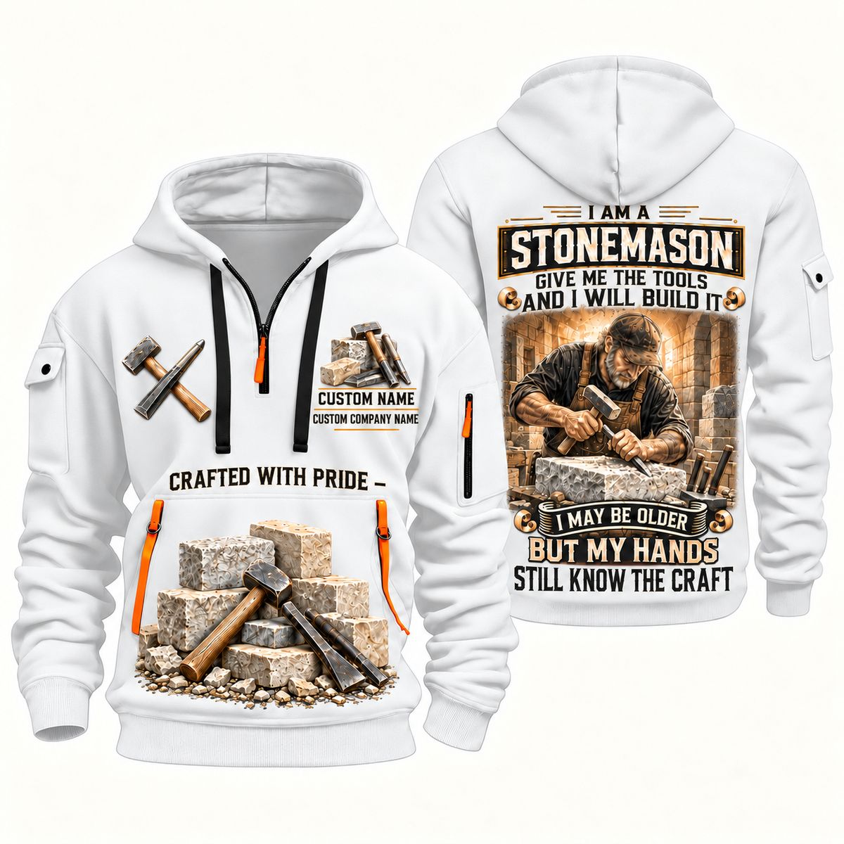 Stonemason Skills Remain Quarter Zip Hoodie White front and back
