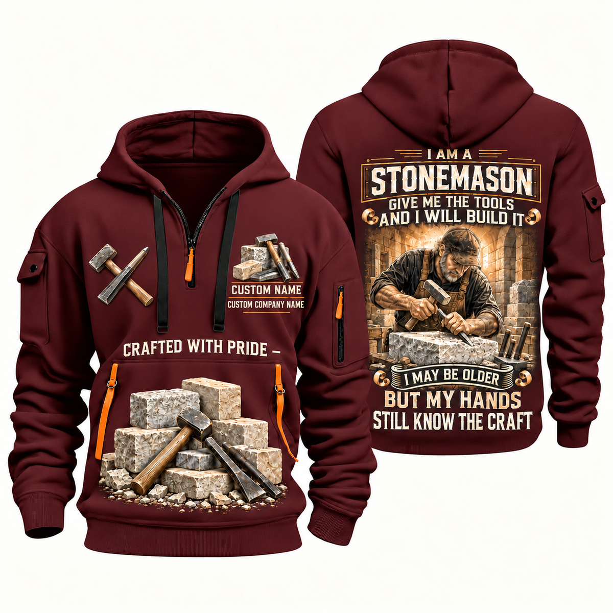 Stonemason Skills Remain Quarter Zip Hoodie Wine Red front and back