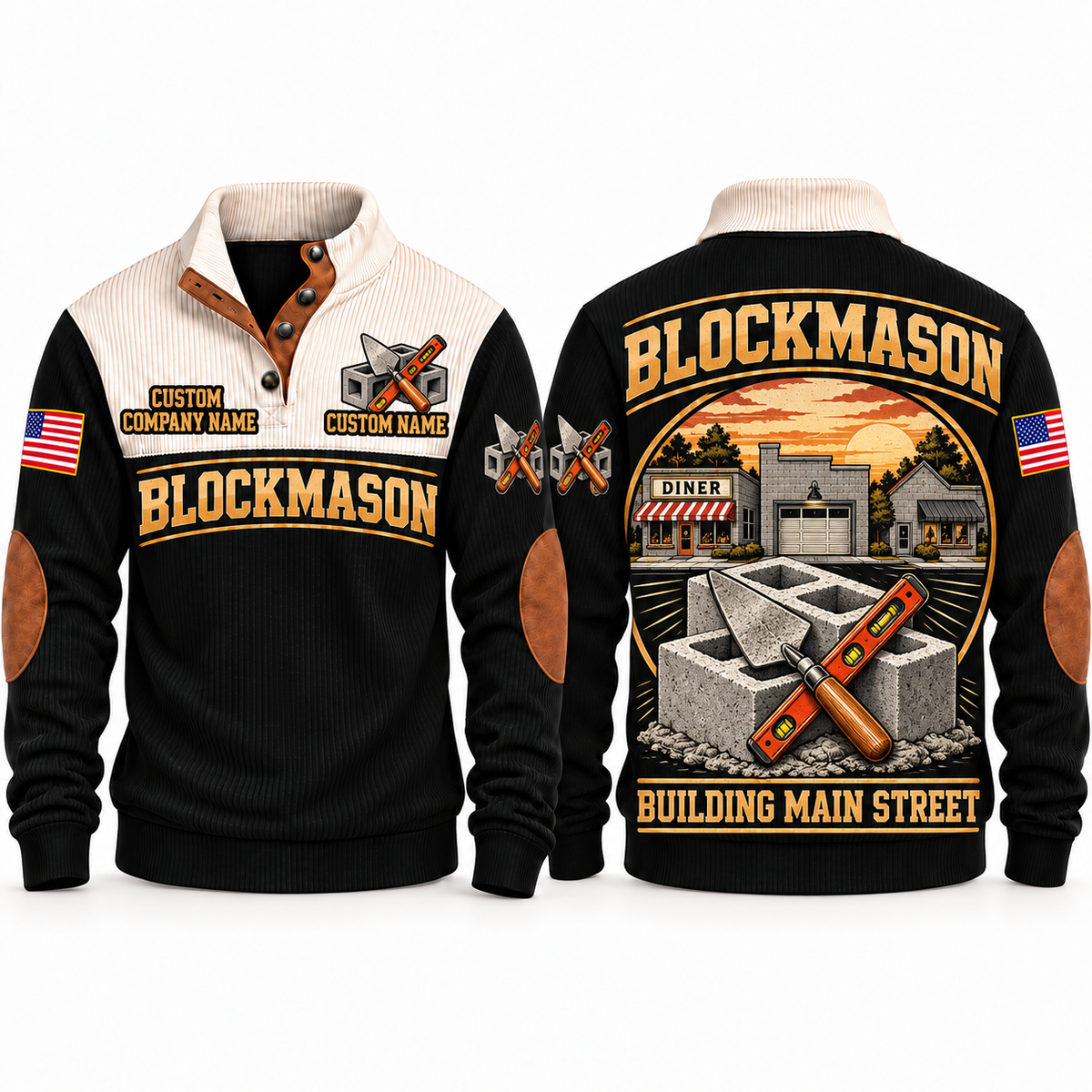 Blockmason Building Main Street Sports Sweatshirt Black front and back
