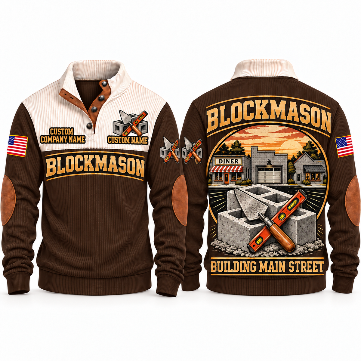 Blockmason Building Main Street Sports Sweatshirt Brown front and back