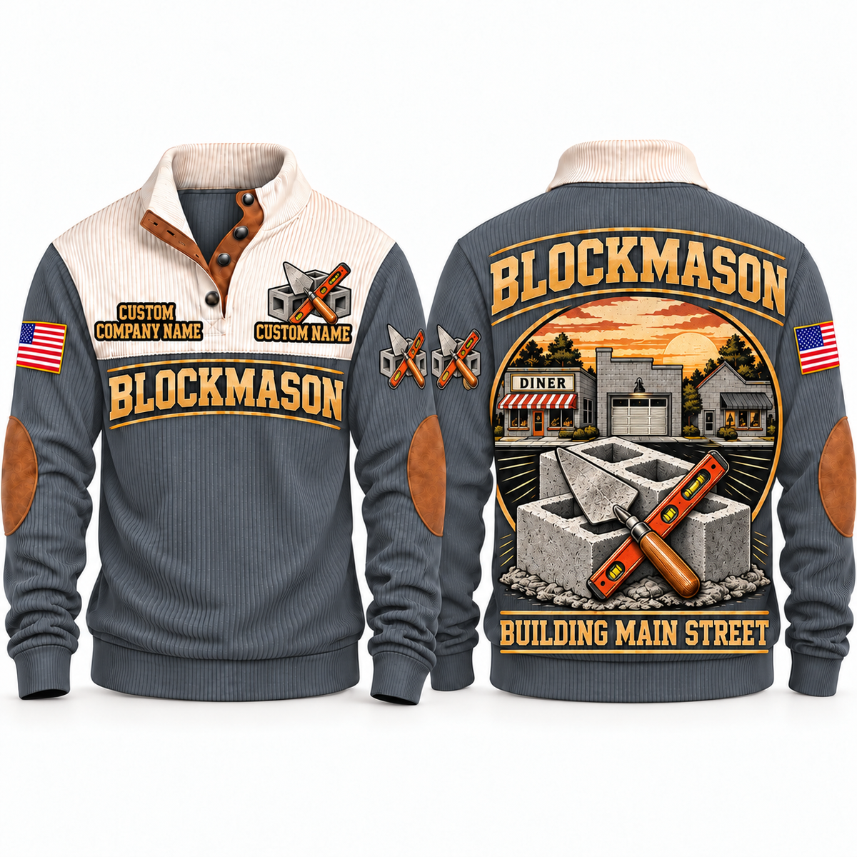 Blockmason Building Main Street Sports Sweatshirt Grey front and back
