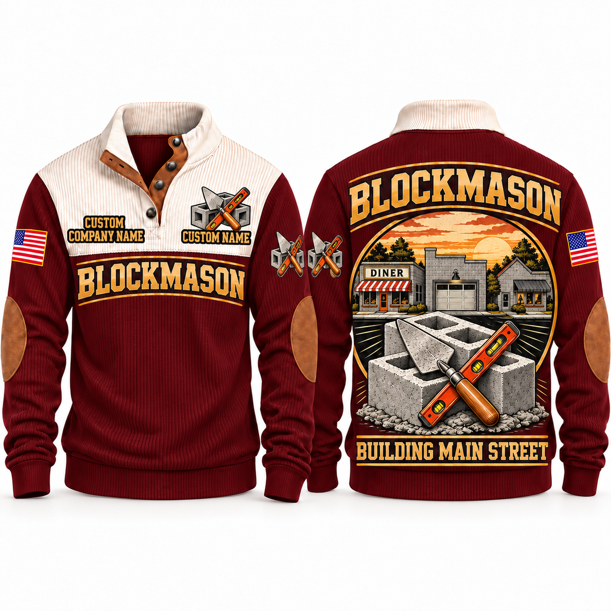 Blockmason Building Main Street Sports Sweatshirt Jujube Red front and back