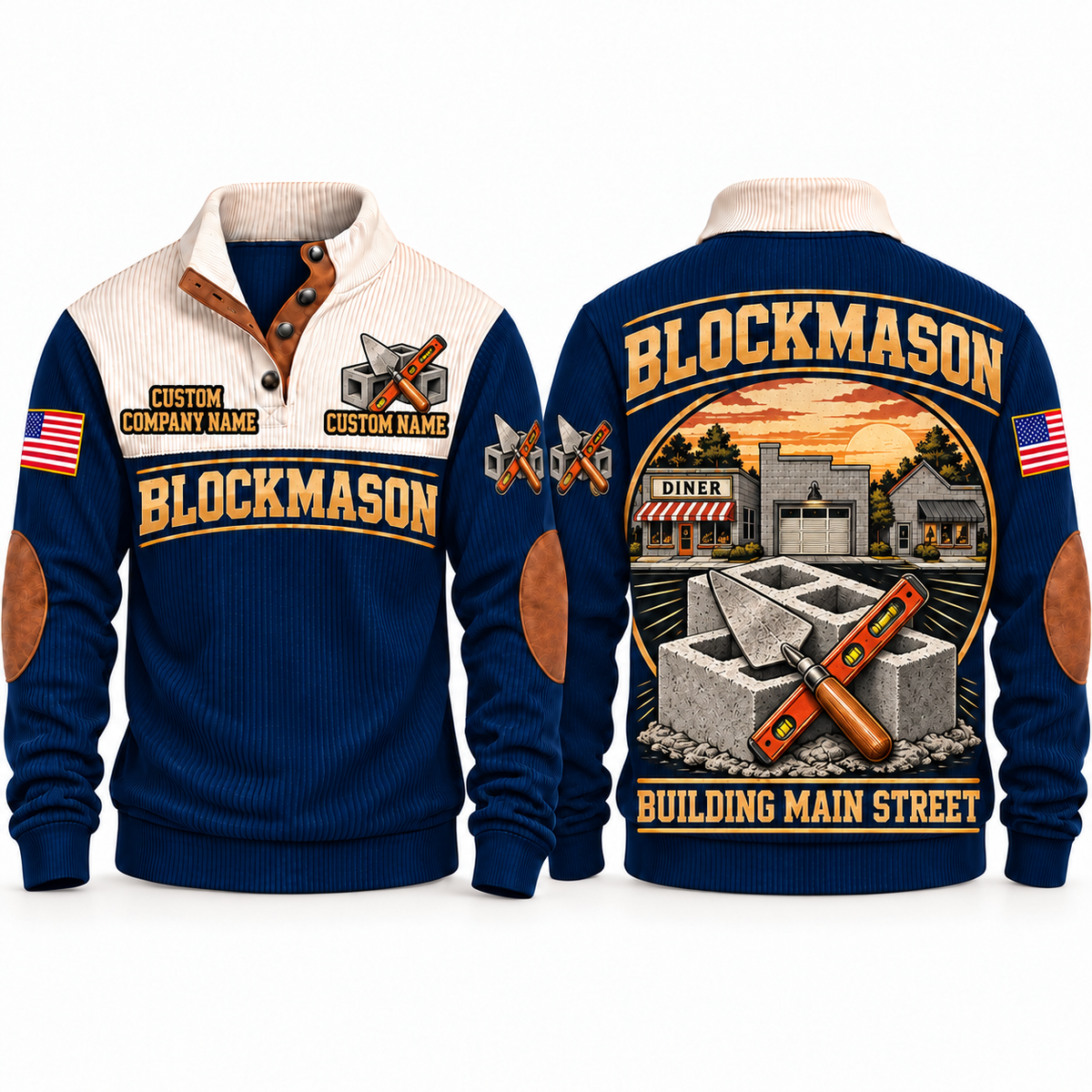 Blockmason Building Main Street Sports Sweatshirt Navy front and back