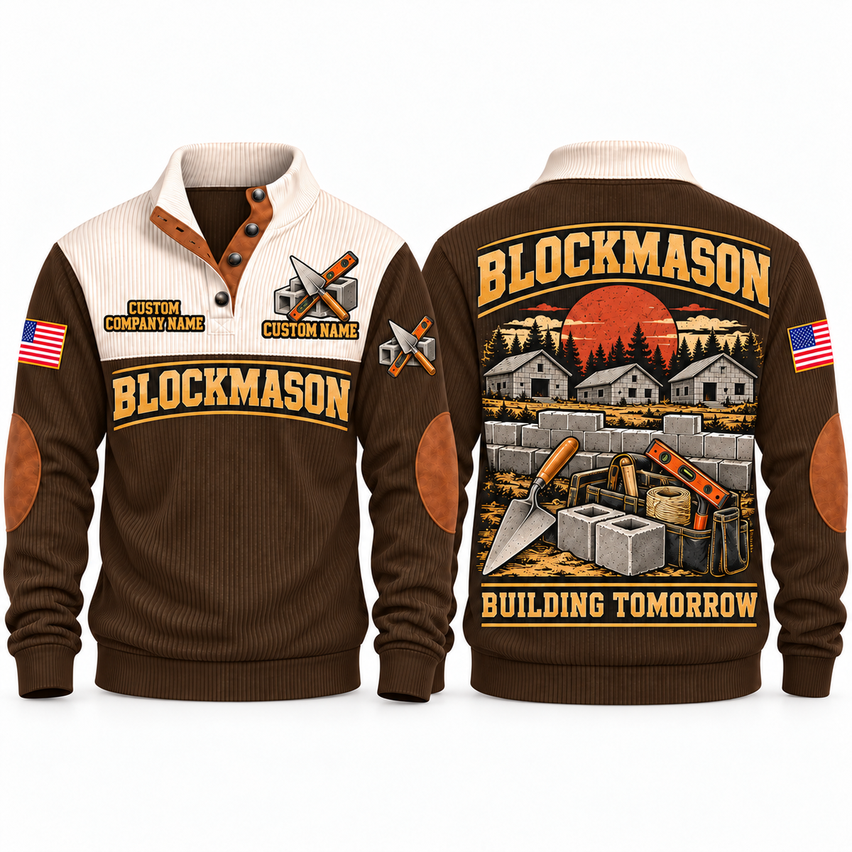 Blockmason Building Tomorrow Sports Sweatshirt Brown front and back